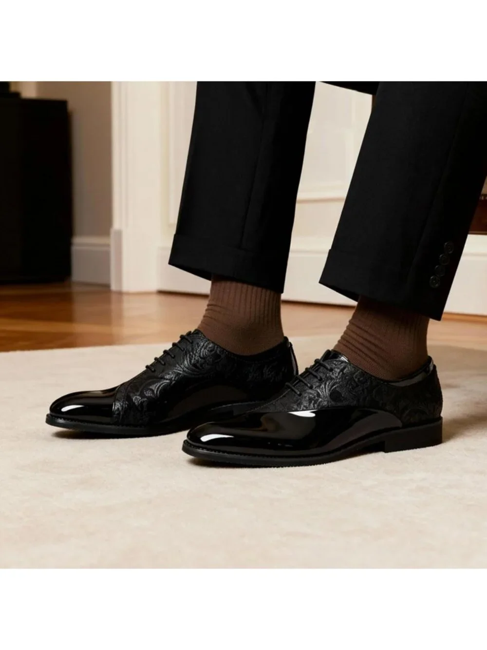 Men's Black Elegant Rubber Sole Lace Up Patent Velvet Tuxedo Formal Oxford Shoes